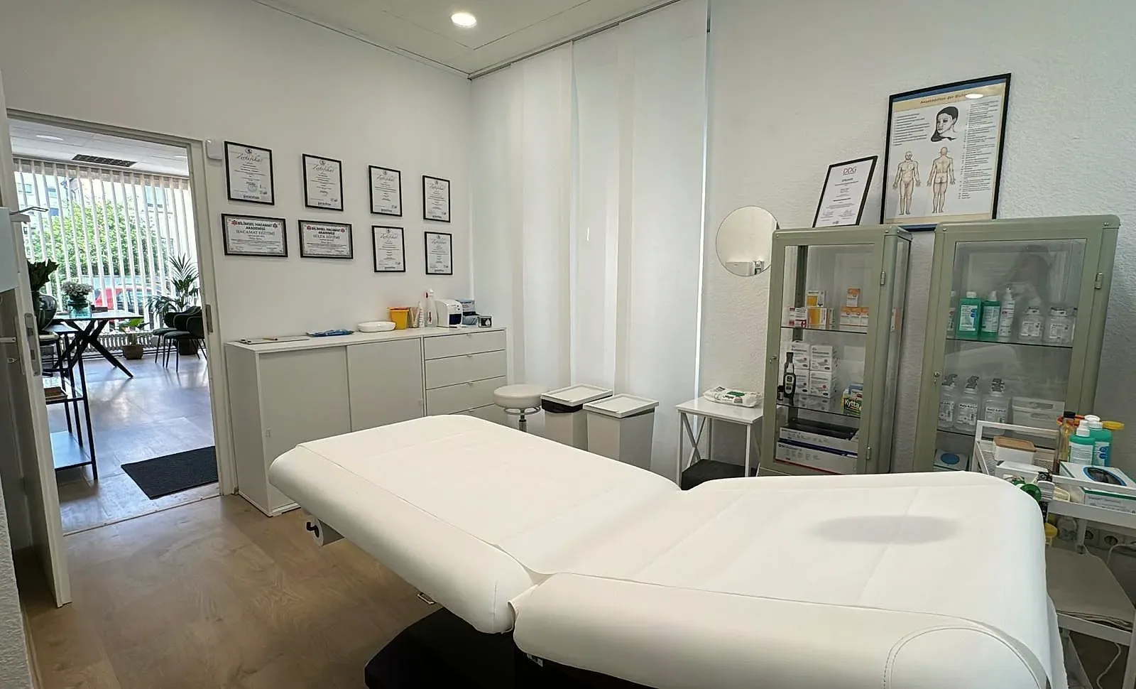 Helles Behandlungszimmer der Naturheilpraxis mit Behandlungsliege, Pflanzen und Tageslicht